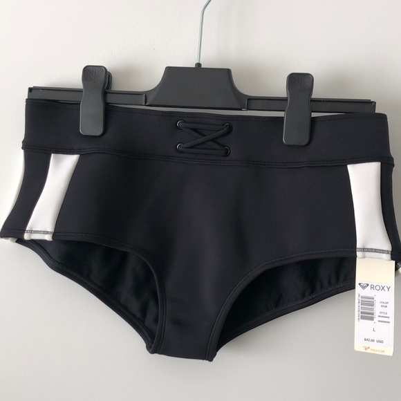 Roxy Lisa Andersen Mid Waist Swim Bottoms Black w/White Stripes Women’s Large - Picture 1 of 4